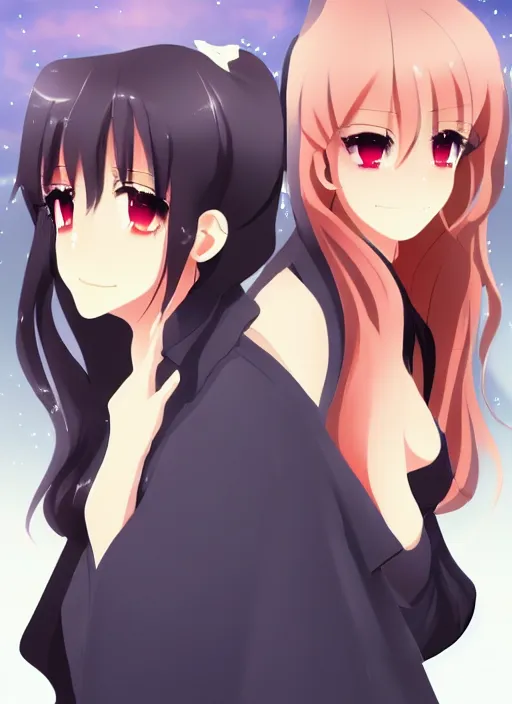 Image similar to two beautiful mature idols, gorgeous faces, smooth, thick lines, cinematic lighting, detailed anime art