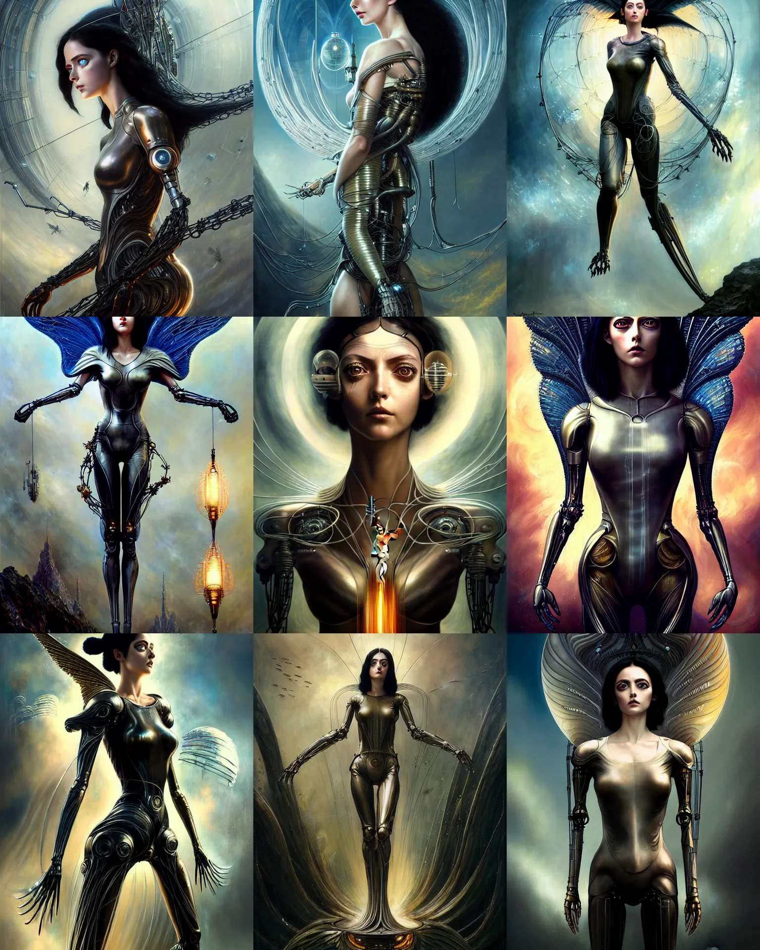 Image similar to karol bak and tom bagshaw and bastien lecouffe - deharme full body character portrait of alita battle angel as galadriel, floating in a powerful zen state, supermodel, beautiful and ominous, wearing combination of mecha and bodysuit made of wires and silk, machinery enveloping nature in the background, scifi character render