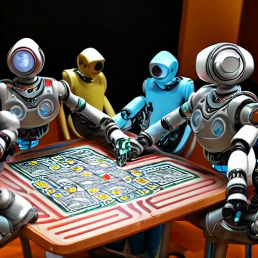 Image similar to robots play cards together.