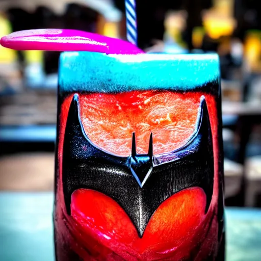 Prompt: a closeup photorealistic photograph of a glossy batman style tiki mug sitting at an outdoor trader vic's bar featuring batman face. tiki theme. icy colorful drink. bright scene. fine detail. this 4 k hd image is trending on artstation, featured on behance, well - rendered, extra crisp, features intricate detail, epic composition and the style of unreal engine.