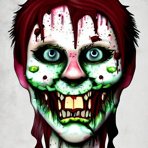 Image similar to smiling zombie portrait, digital art