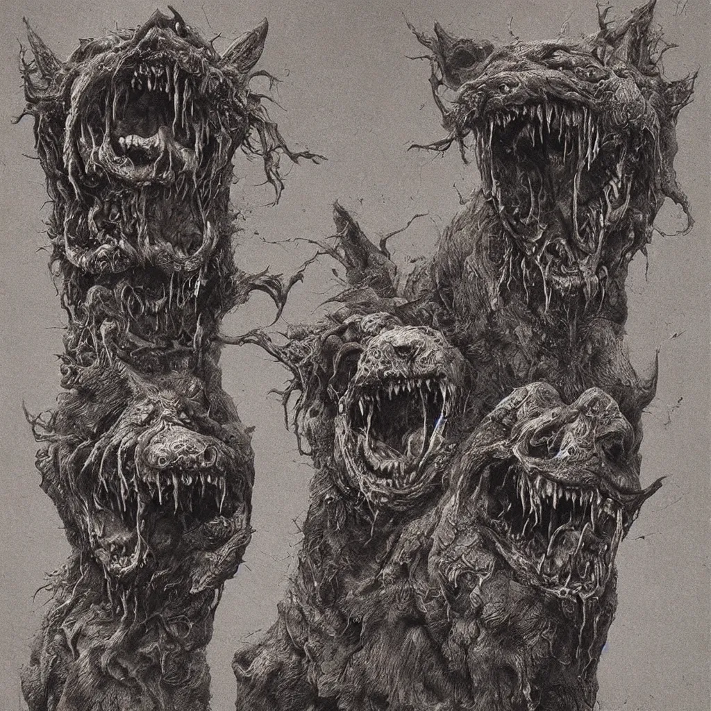 Image similar to horrifying and demonic dog with fangs, zdislaw beksinski
