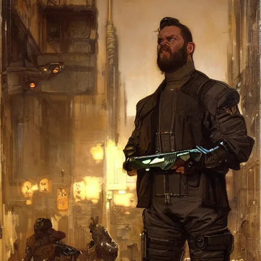 Image similar to Orson Welles as a cyberpunk mercenary wearing a military vest and combat jumpsuit. (Cyberpunk 2077, bladerunner 2049). Iranian orientalist portrait by john william waterhouse and Edwin Longsden Long and Theodore Ralli and Nasreddine Dinet, oil on canvas. Cinematic, vivid color, hyper realism, realistic proportions, dramatic lighting, high detail 4k