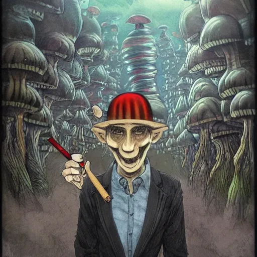 Prompt: a centered chest up portrait of a psychedelic demonic anthropomorphic mushroom - man smoking a hand - rolled cigarette smoking heavily, magic mushroom village in background. award winning. superb resolution. in the art style of junji ito and greg rutkowski. detailed mushroom city in background. hyper realistic anime. perfect art. dalle 2