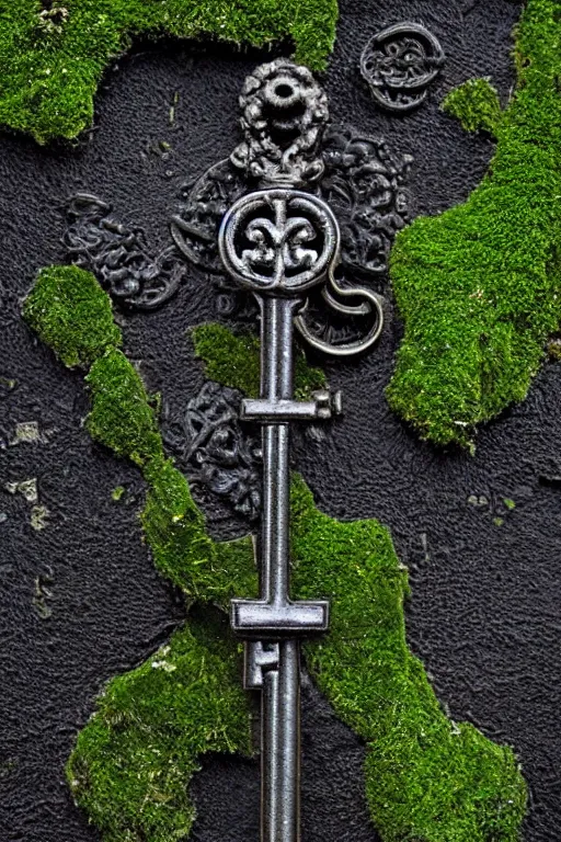 Prompt: mysterious intricate key of death, partially covered by moss and algae, on a perfectly black background, cgsociety