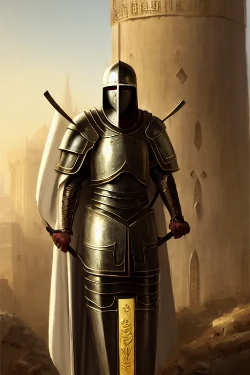 Image similar to white man looking forward in iron decorated plate armor with golden cross decorated on chest, cylindrical crusader great helm covering all his head and white silk cape covering his back and elbows standing at the gates of jerusalem drawn by greg rutkowski realistic high detail