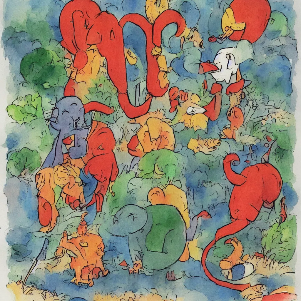 Image similar to babar discovers fire children's illustration watercolor painting