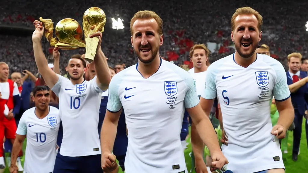 Image similar to Harry Kane wins the World Cup for England and lifts the Jules Rimet trophy. Harry Kane wears a white England football shirt with three lions on the badge