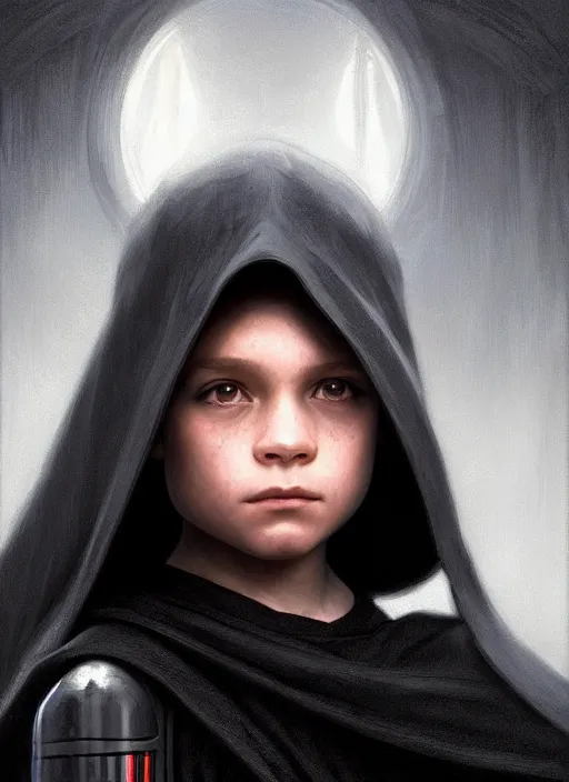 Image similar to perfectly - centered - portrait of a kid wearing black cloak holding light saber, intricate, highly detailed, digital painting, artstation, concept art, smooth, sharp focus, illustration, unreal engine 5, 8 k, art by artgerm and greg rutkowski and alphonse mucha and sam spratt