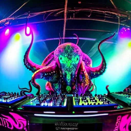 Image similar to award winning photo of an octopus! as a dj with tentacles! simultaneously placed turntables cdjs and knobs of a pioneer dj mixer. sharp, blue and fuschia colorful lighting, in front of a large crowd, studio, medium format, 8 k detail, volumetric lighting, wide angle, at an outdoor psytrance festival main stage at night