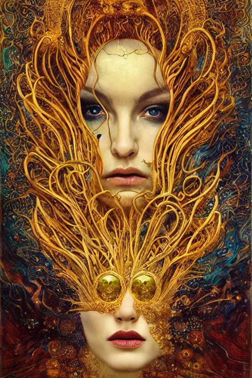 Image similar to Intermittent Chance of Chaos Muse by Karol Bak, Jean Deville, Gustav Klimt, and Vincent Van Gogh, beautiful surreal face portrait, enigma, destiny, fate, inspiration, muse, otherworldly, fractal structures, arcane, ornate gilded medieval icon, third eye, spirals
