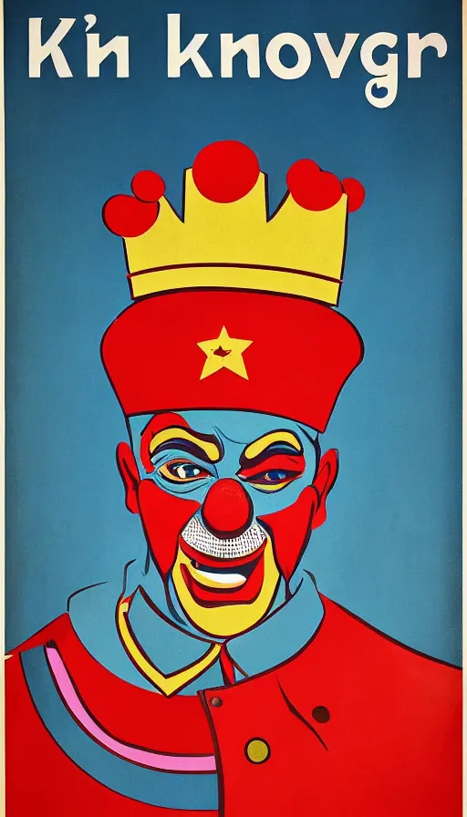 Prompt: a propaganda poster of king clown, soviet - era, 1 9 6 0 s, color palette, cold war, colors