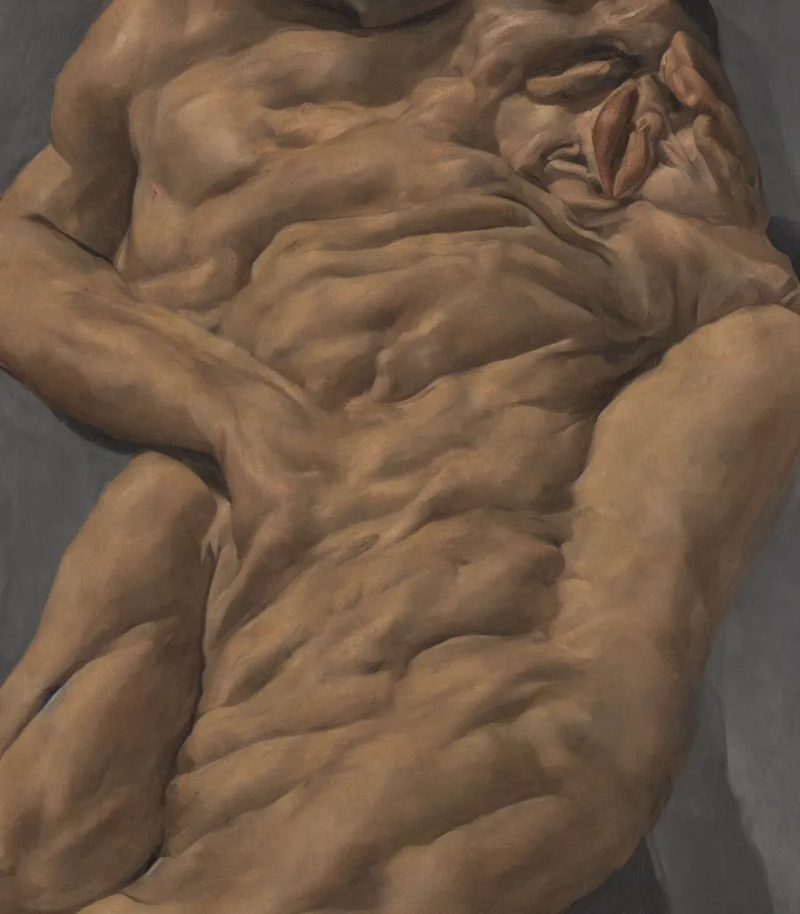 Image similar to portrait of a young man without shirt in the style of lucian freud. his face has many wrinkles, cuts and character. he is looking down. oil painting, thick brush strokes. shadows. clean gray brown background. lit by a single light from above his head. perspective from below. 5 0 mm