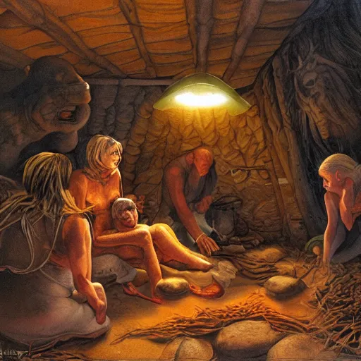 Image similar to primitive extraterrestrial villagers caring for weak and severely injured butch blond woman at bedside, inside primitive hut, dramatic lighting, illustration, ron cobb, mike mignogna, science fiction, detailed painting, high detail, coherent, rough paper