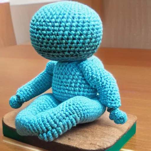 Prompt: amigurumi crocheted toy they looks like the statue the thinker by rodin, sitting on a wooden toy block