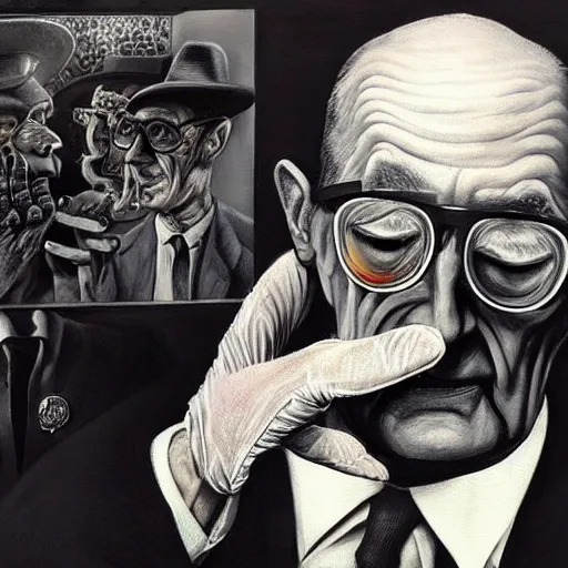 Prompt: beautiful lifelike painting of william burroughs wearing technical gloves, hyperreal detailed facial features and uv lighting, art by ed roth and basil wolverton