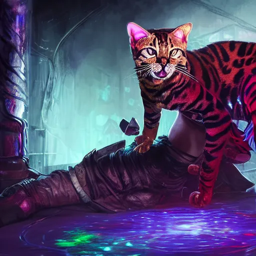 Image similar to a bengal cat with RGB LED body armor fighting a wraith inside a haunted house, dark fantasy, horror, highly detailed, digital painting, concept art, illustration, trending on artstation. deviantart