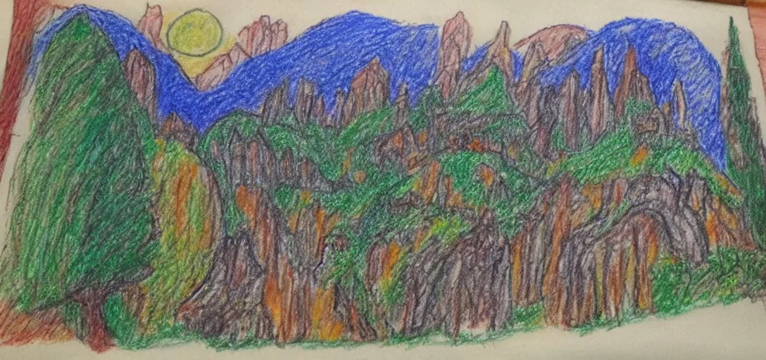 Image similar to Rivendell poorly drawn in crayon by a five-year old