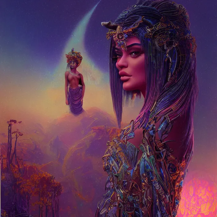 Prompt: kylie jenner as a goddess, abstract, concept art, digital painting, ornate, backlit, bokeh, deep aura, slight glow, by bruce pennington, by wayne barlowe