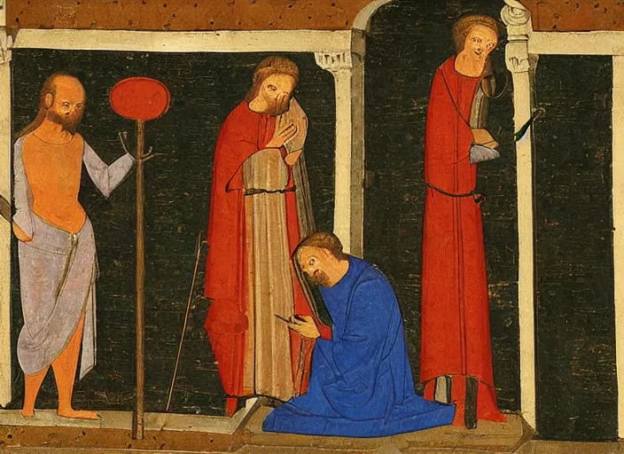 Prompt: man watching television. medieval painting