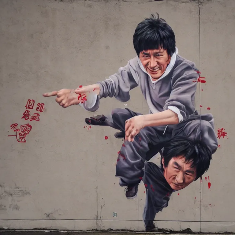 Prompt: Street-art full-body portrait of young Jackie Chan in style of Etam Cru, photorealism