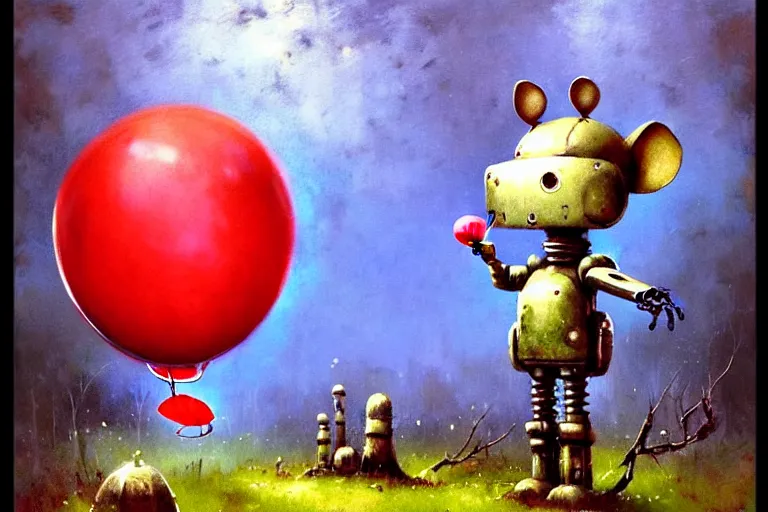 Image similar to adventurer ( ( ( ( ( 1 9 5 0 s retro future robot android mouse holding a red balloon. muted colors. spooky swamp mushrooms island, lillie pads ) ) ) ) ) by jean baptiste monge!!!!!!!!!!!!!!!!!!!!!!!!! chrome red