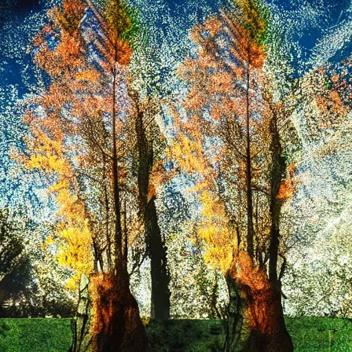 Image similar to double exposure photograph of three eucalyptus trees, flash exposure, autumn, in the style of edward steichen and matisse,