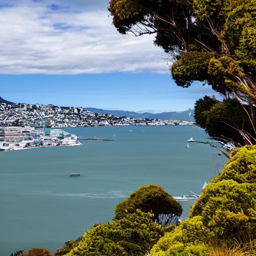 Prompt: Wellington harbour, New Zealand but the city is replaced by remnant native lowland broadleaf podocarp forest and wetlands, landscape photography 8K