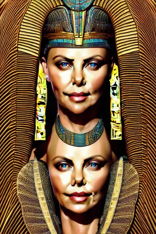 Image similar to Portrait of Charlize Theron as Cleopatra, intricate art deco leaf designs, elegant, highly detailed egyptian patterns, hieroglyph, sharp focus, art by Artgerm and beeple