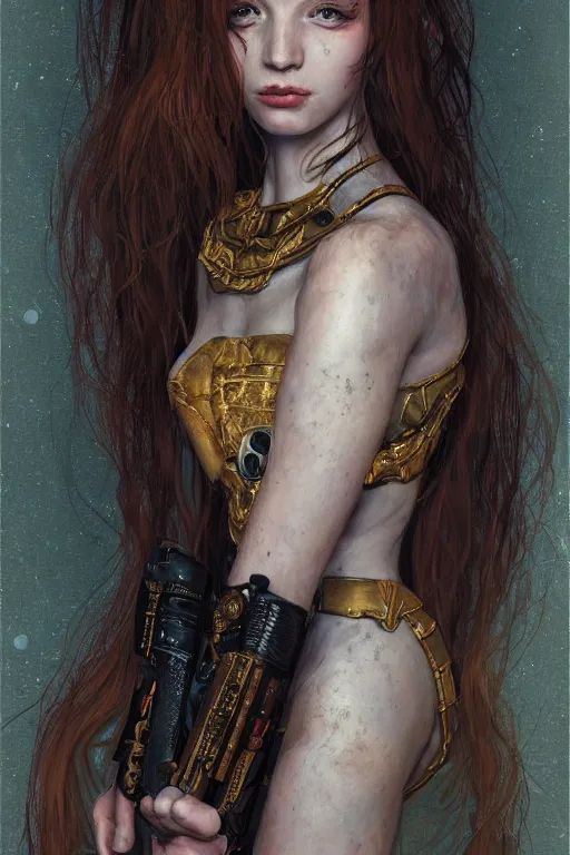 Image similar to portrait of beautiful young maiden, warhammer, cyberpunk, a lot of scars, readhead, the future ages, highly detailed, artstation, illustration, art by gustav klimt, 8 k quality