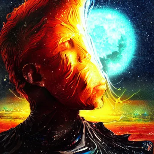 Prompt: nuclear blast moon eclipse sci-fi wet brush poster art neo-primitivism painting of surreal beauitiful Hardstyle DJ, by Ross Tran, highly detailed, hyperrealism, excellent composition, cinematic concept art, dramatic lighting, abstract water color paiting strokes hyper realistic, soft light, 8k