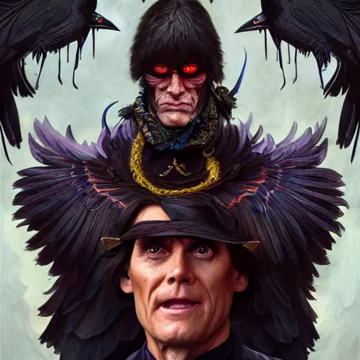 Image similar to jim carrey controlling evil ravens, demonic, evil, satanic, intricate, highly detailed, digital painting, artstation, concept art, smooth, sharp focus, illustration, unreal engine 5, 8 k, art by artgerm and greg rutkowski and alphonse mucha