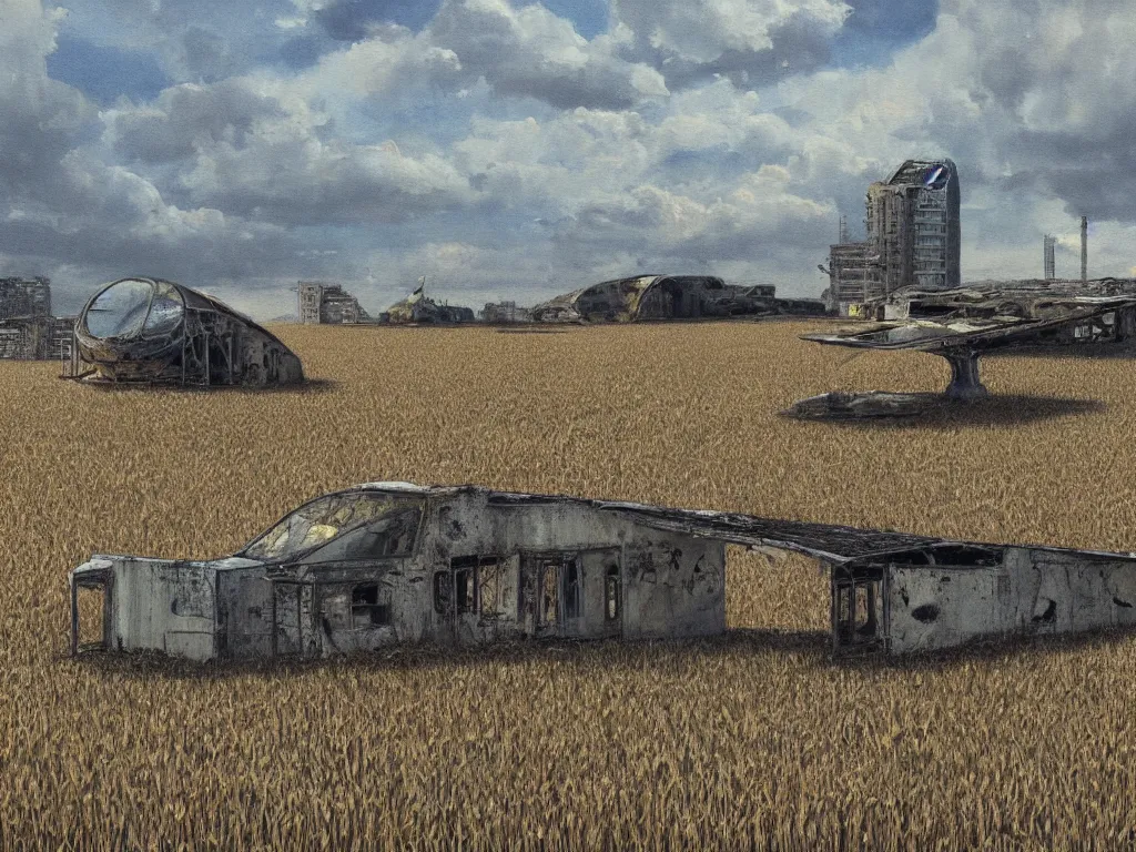 Image similar to A fantastic painting of a dilapidated post-modern building on a wheat field with an abandoned spaceship parked on the roof of the building, by Miles Johnston, Trending on artstation, very detailed