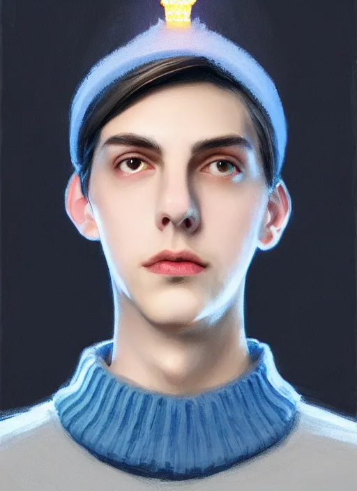 Image similar to portrait of teenage jughead jones wearing a light grey crown, crown, blue turtleneck, closed eyes, photorealistic, black hair, glowing lighting, intricate, elegant, glowing lights, highly detailed, digital painting, artstation, concept art, smooth, sharp focus, illustration, art by wlop, mars ravelo and greg rutkowski