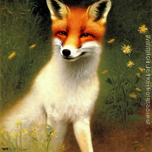 Image similar to A portrait of a fox in a straw hat surrounded by dandelions, by William-Adolph Bouguereau, Robert Cleminson, Carl Friedrich Deiker