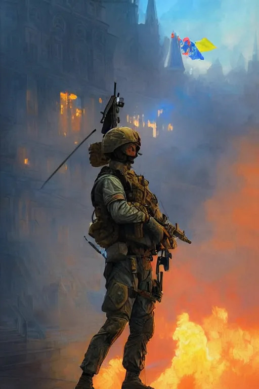 Image similar to special forces soldier with ukrainian blue and yellow flag watching red square burn, masculine figure, d & d, fantasy, bright atmosphere, volumetric lights, intricate, elegant, extremely detailed, digital painting, artstation, concept art, matte, smooth, sharp focus, hyper realistic, illustration, art by artgerm and greg rutkowski and alphonse mucha