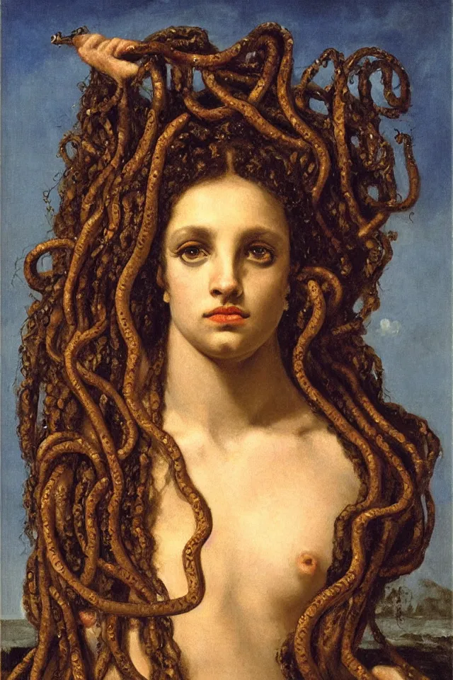 Prompt: romantic portrait painting of medusa, staring at the viewer, her golden eyes furious and the snakes in her hairs swirling furiously, by Gustave Courbet,