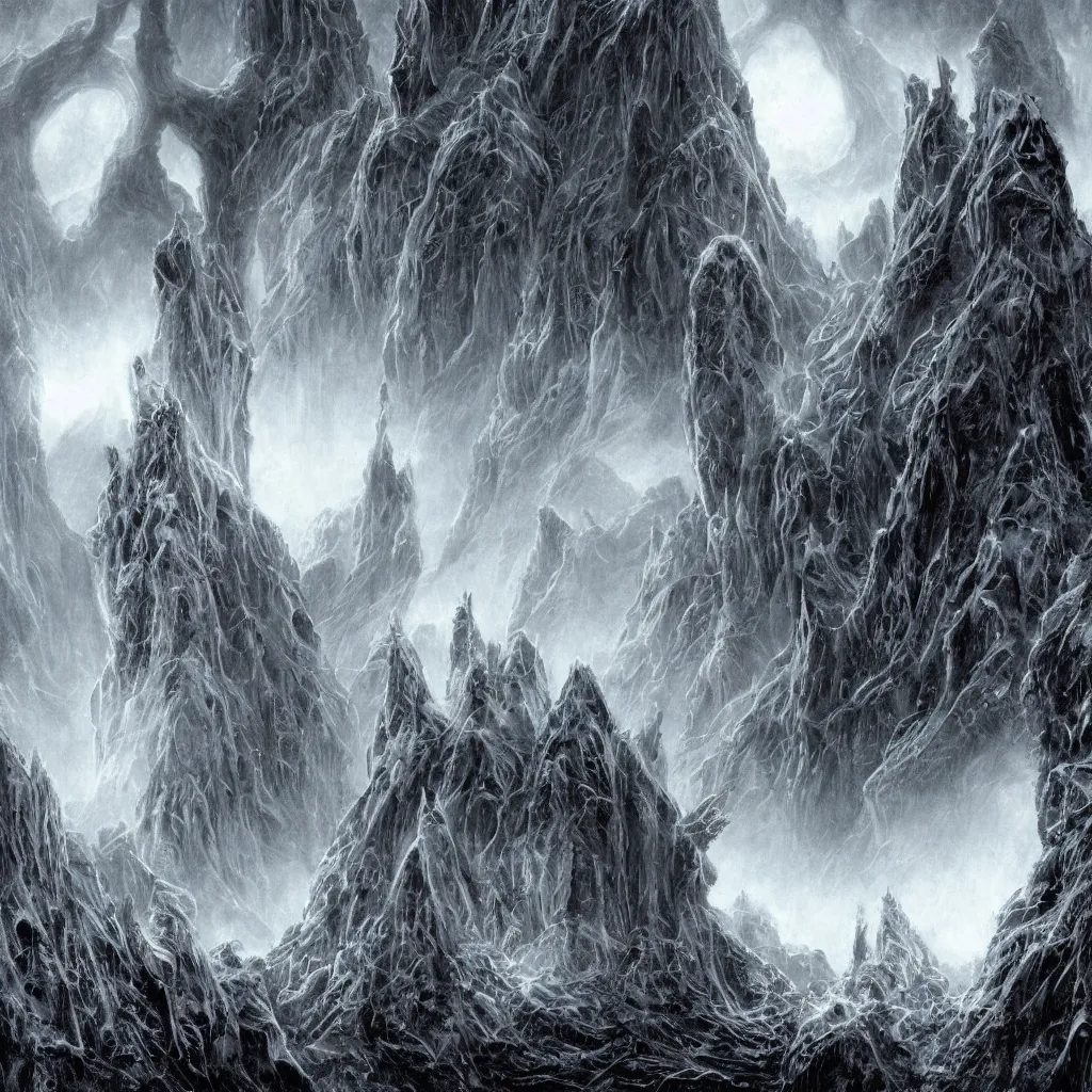 Prompt: haunted mountains of madness in antarctica surrounding an great monolithic city of insane alien towers and blasphemous megastructures, upward cinematic angle, by rodney matthews, michael kaluta, giger, p. craig russell and bill sienkiewicz, ghostly atmosphere, thick lush winter aesthetics, stunning composition, alien creature faces, monstrous animal gods, intricate, strange, elegant, digital art, hyperdetailed, colorful hyperrealism, brilliant photorealism, horror, masterpiece, 4k