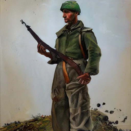 Prompt: official side portrait of italian partisan, worn clothing, 1 9 4 5, a character portrait by cassius marcellus coolidge, reddit contest winner, european romanticism, oil on canvas, poverty, detailed painting, creative commons attribution