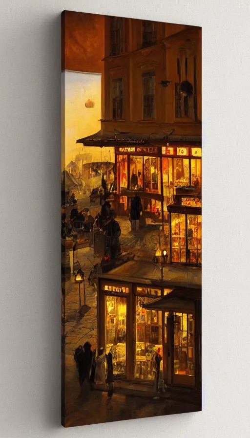 Image similar to still-life painting of Prague cafe at sunset by Krøyer, golden hour, dramatic lighting, volumetric lighting, intricate detail, canvas print