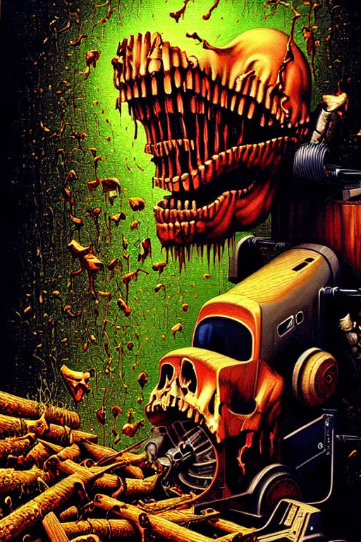 Image similar to a hyperrealistic painting of a death machine spewing chunks out of a wood chipper, cinematic horror by chris cunningham, lisa frank, richard corben, highly detailed, vivid color,