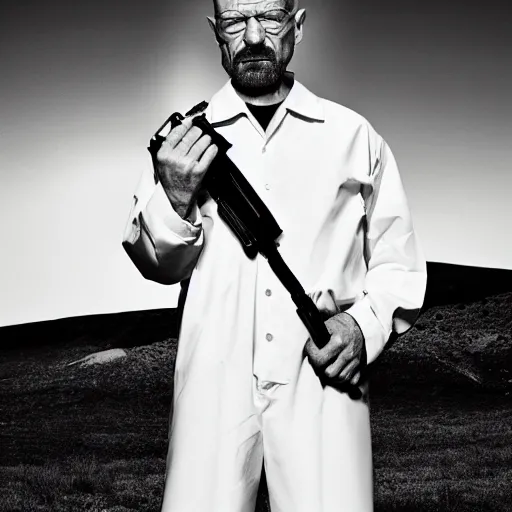 Image similar to walter white in a white suit, holding a pistol, cinematic still, dramatic lighting, harsh light and shadows