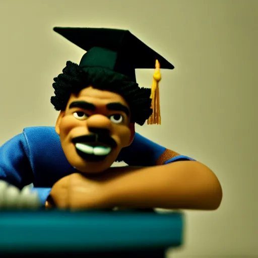 Image similar to a cinematic film still of a claymation stop motion film starring chance the rapper as a college student, shallow depth of field, 8 0 mm, f 1. 8