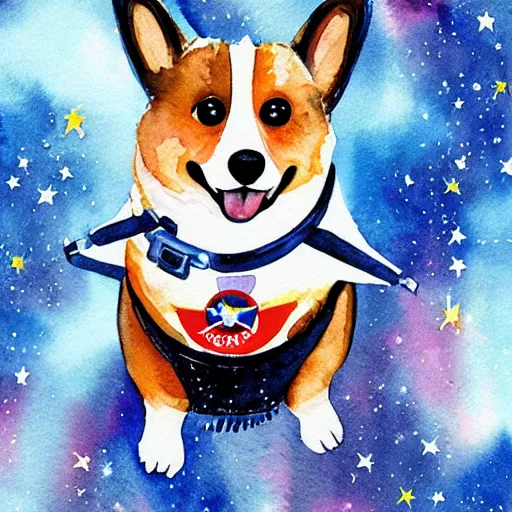 Prompt: beautiful watercolor painting of a heroic corgi cosmonaut, starry sky