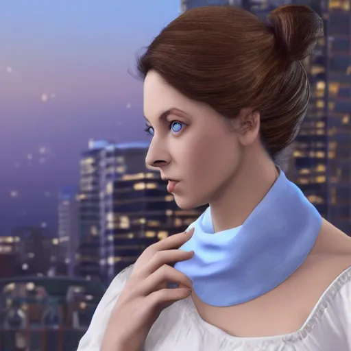 Image similar to A beautiful performance art of a young woman with big blue eyes. She has long lashes and a small mouth. Her hair is pulled back in a bun with a few stray hairs falling down. She's wearing a white dress with a blue sash and a blue scarf around her neck. In the background is a cityscape with tall buildings. Ancient Roman, jet black by J.M.W. Turner, by Otto Dix colorful