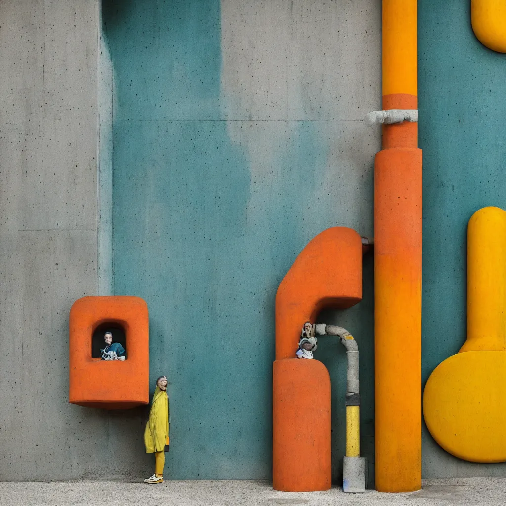 Image similar to kodak portra 4 0 0, 8 k, shot of a highly detailed, britt marling style, colour still - life portrait of a large pipe organ, rough concrete walls, a single rough carved wooden teal and orange striped coloured statue is standing on a concrete podest with a yellow crown on his head, muted colours