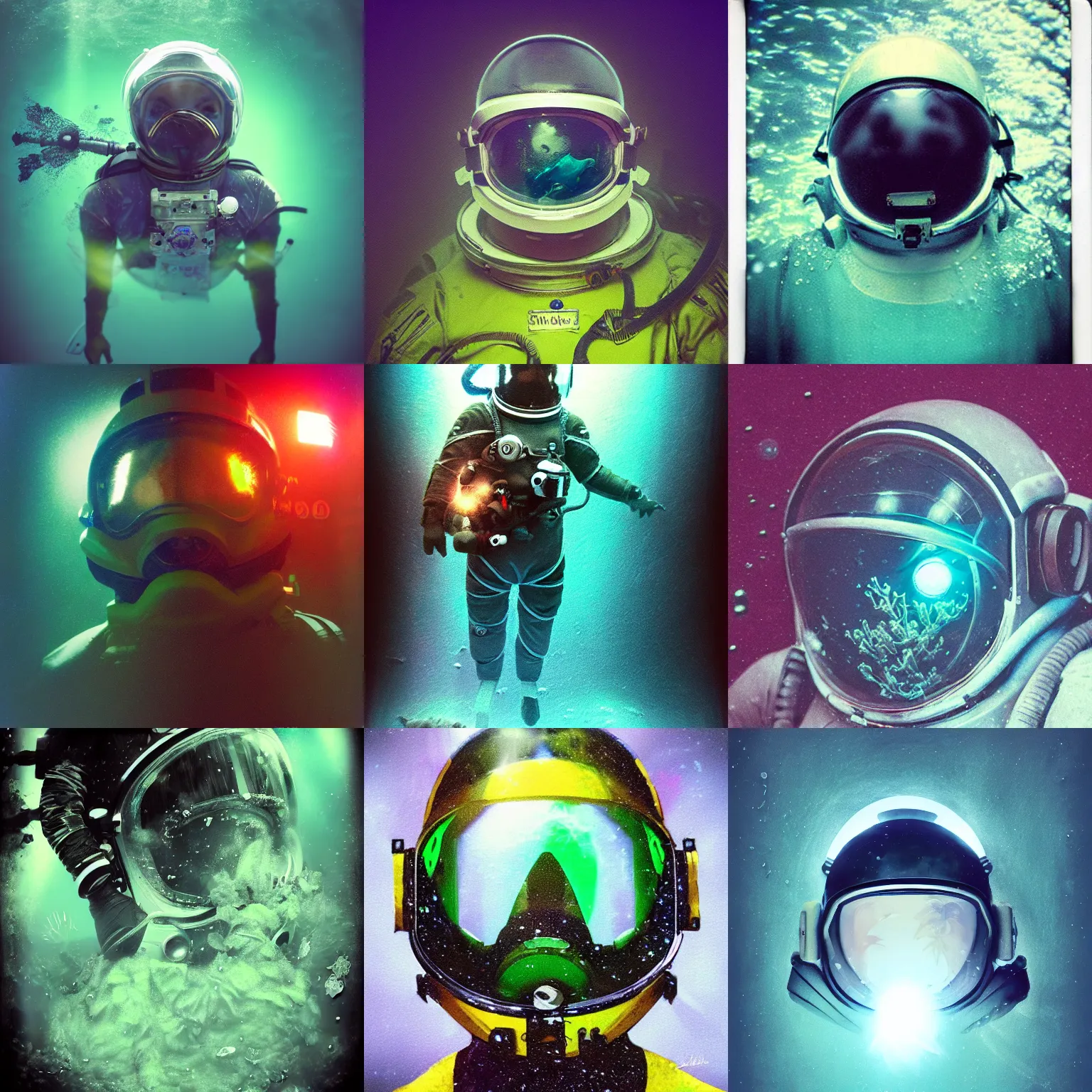 Prompt: concept art in the dark underwater diver astronaut with meka helmet. flowers and algae wrapped it. transparent air bubbles everywhere. rays and dispersion of light breaking through the deep water. film photo, polaroid. trend artstation