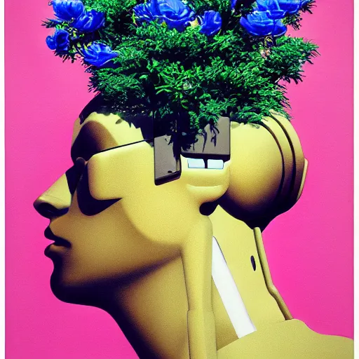 Image similar to a 3 d vaporwave painting by syd mead of a bipedal robot head with flowers growing out of the top, trending on artstation, masterpiece, incredible details