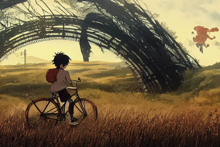 Image similar to a boy riding his bike alone through the plains of rural japan, high intricate details, rule of thirds, golden ratio, cinematic light, anime style, graphic novel by fiona staples and dustin nguyen, by beaststars and orange, peter elson, alan bean, studio ghibli, makoto shinkai