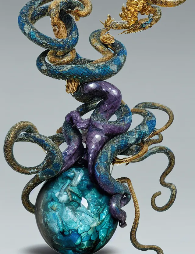 Prompt: a photo of a sculpture of snakes with wings made from blue and emerald and amethyst crystal geode formations encircling a marble egg on a base of obsidian made with liquid gold tendrils flowing by ellen jewett by stanisław szukalski, octane render, recursive, tendrils, elestial crystals, geode, refracted light